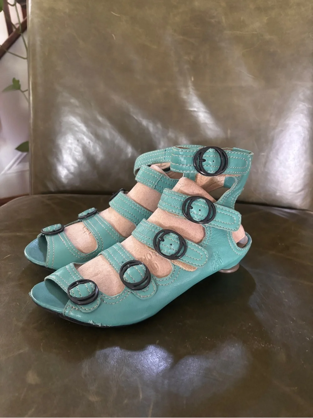 Fly London Teal Leather Open-Toe Buckle Sandals - Picture 1 of 6